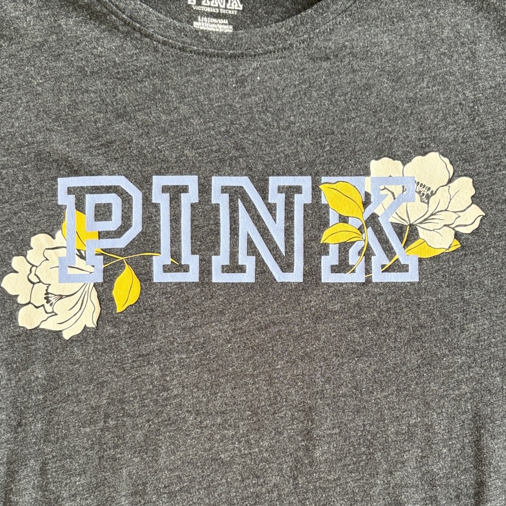 PINK Victoria's Secret Charcoal Tee with Floral Accents - Picture 2 of 7